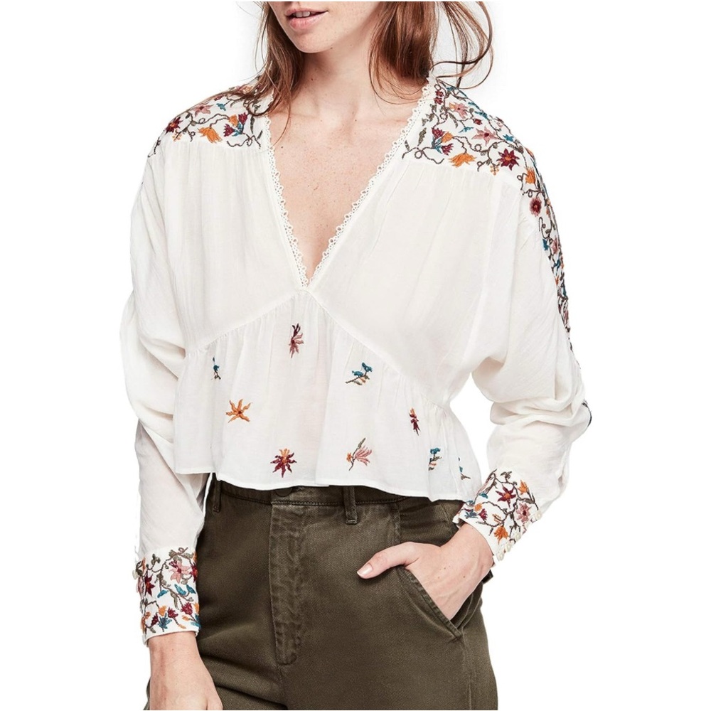 Free People Ava Embroidered Floral Long Sleeve Crop Blouse size Small